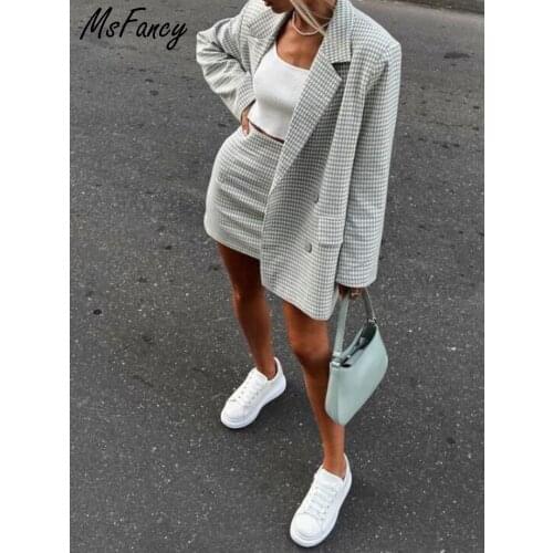 Msfancy Autumn Plaid Skirt Sets Women Elegant Double Breasted Oversized Blazer High Waist Mini Skirt 2 Piece Sets