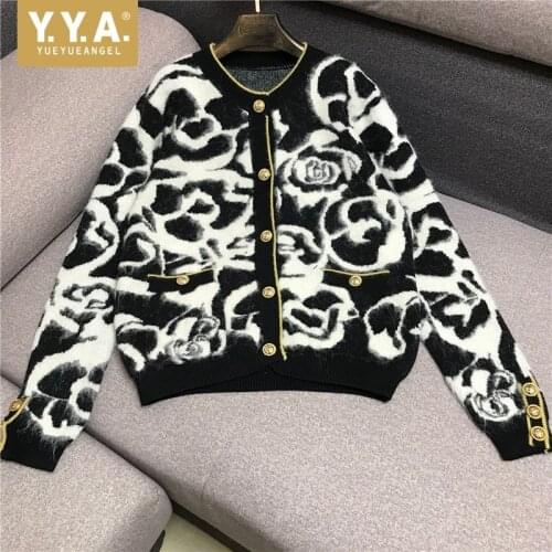 Women Knitting Cardigan Jacket Elegant Warm Long Sleeve Sweaters Autumn Winter Streetwear Flower Single Breasted Loose Sweater