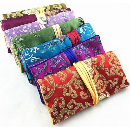 Jade Button Jewelry Roll Up Bag Travel Storage 3 Zipper Pocket Silk Satin Jewelry Makeup Packaging Pouch Customize 10pcs/lot