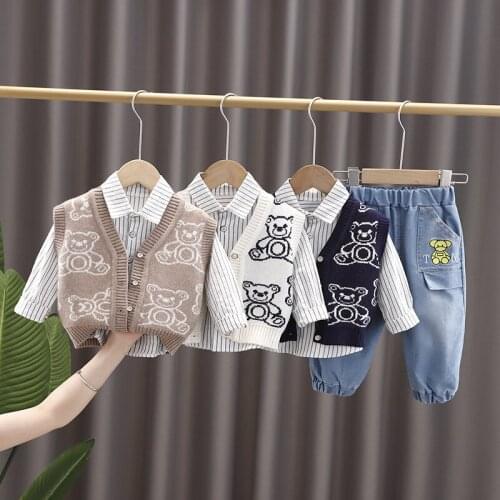 Baby Boys Clothes Sets Spring Autumn Toddler Fashion Cartoon Knitted Vest+Striped Shirt+Denim Pants 3pcs Bebe Boys Casual Sets