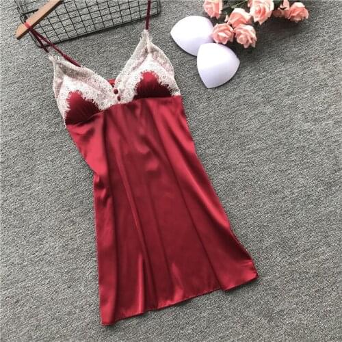 Foply 2020 New Women Nightgown Silk Sexy Sleepwear Sleeveless Strap Pyjamas with Chest Pad Girl Short Nightdress Lace Nightdress