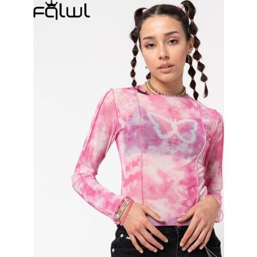 FQLWL Fall Pink Bodycon Tie Dye Print Top Women 2021 O Neck Long Sleeve See Through T Shirt Female Sexy Crop Top Clubwear Outfit