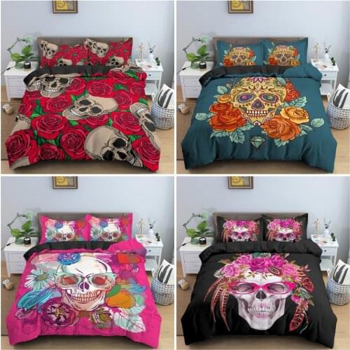 Skulls And Red Roses Bedding Set Terrorist Style Duvet Cover With Pillowcase Soft Quilt Cover Bedclothes Single Twin King Queen