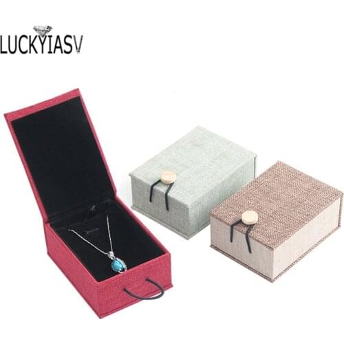 3 Colors Retro Luxury Linen Pendant Box Rectangular Flax Calligraphy Earring Pendant Storage Gift Box For Necklace Display