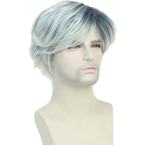 Cool Mens Short Curly Resistant Hair Synthetic Cosplay Wig Oblique Bang