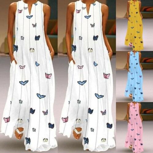 Summer Boho Butterfly Print Sleeveless V Neck Maxi Dress Women Casual Loose Dress Lady Romantic Beach Holiday Dress With Pocket