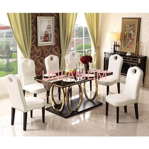 Stainless steel Dining Room Set minimalist modern wooden dining table and 6 chairs wooden leather mesa de jantar muebles comedor
