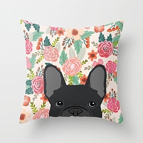 French Bulldog Florals Dog Portrait Pet Art Dog Breeds Frenchie Gifts Cotton Canvas Pillow Case 16 x 16 Inches Square Cushion