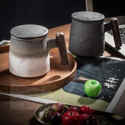 Luxury Mug Ceramic Tea Cup Handmade Chinese Retro Mugs Coffee Cups Teacup Teaware Water Cup Wooden Handle Business Gift Set