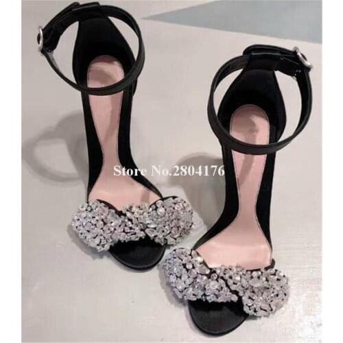 Ladies Luxurious Open Toe Rhinestone One Straps Thin Heel Sandals Ankle Straps Butterfly Crystal High Heel Sandals Wedding Shoes