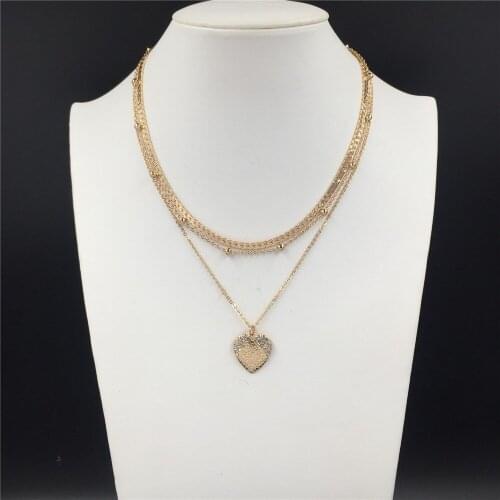 Trendy GOld Color Plating Gorgeous Clear Stone Decorated Heart Pendant Layered Nekclace For Women Girl Elegant Pretty Jewelry