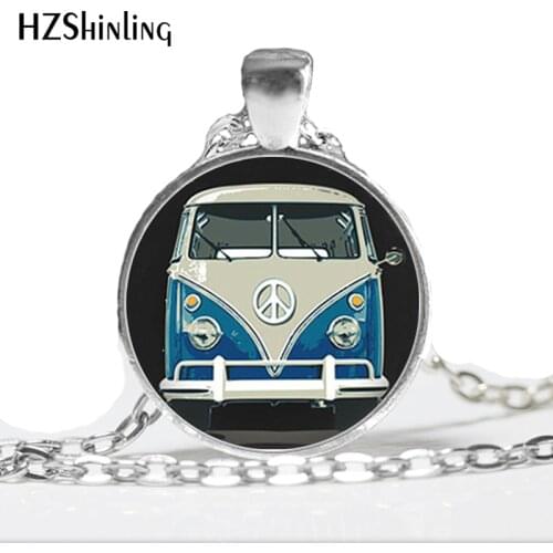 Vintage Blue-Red-Yellow Hippie Peace Van Bus Photo Pendant Necklace Retro Beach bus Car Collectors Bus Peace Sign Jewelry HZ1