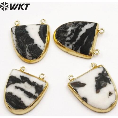 WT-P934 WKT Zebra Stone Pendant Double Loops Black and White Half Round Stone Zebra Marble Cabochon stone double bails pendant