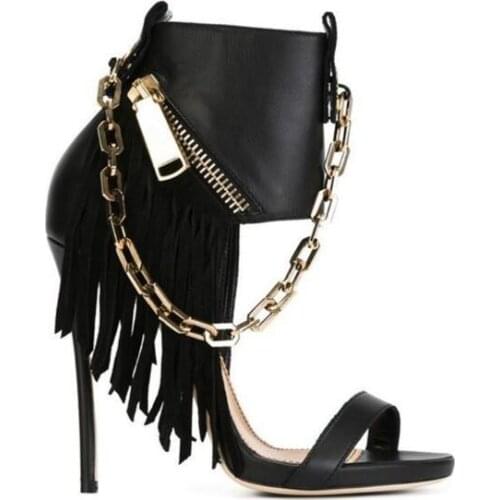 2017 Metallic chains black fringed stiletto gladiator sandals women high heels platform sandal size zipper ankle boots booties