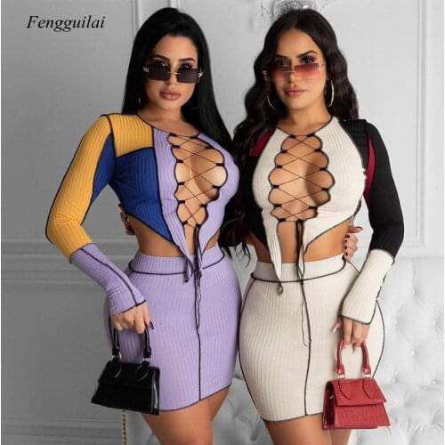2021 Spring New Lace Up Hollow Out Contrast Color T-Shirt and Short Skirt Reverse Side Set for Women