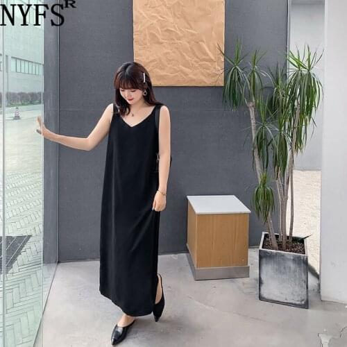 NYFS 2021 New Korean Fashion Loose Woman Dress Vestidos Robe Elbise Black Chiffon Sling Summer Dress