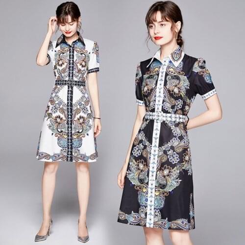 Summer Designer Elegant Women Print High Quality Casual Cocktail Party Robe New Vintage Female Short Sleeve Shirt Dress Vestidos