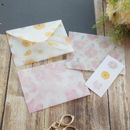 10.5*14.7cm 3pcs Light Pink Yellow Flower Style Envelop Postcard Message Card Invitation Envelop Transparent and Seal Sticker