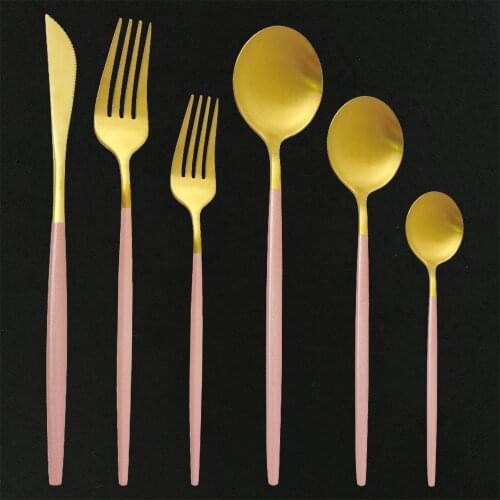 36Pcs Pink Gold Cutlery Set Stainless Steel Dinnerware Set Gold Tableware Kitchen Silverware Mirror Colorful Flatware Set