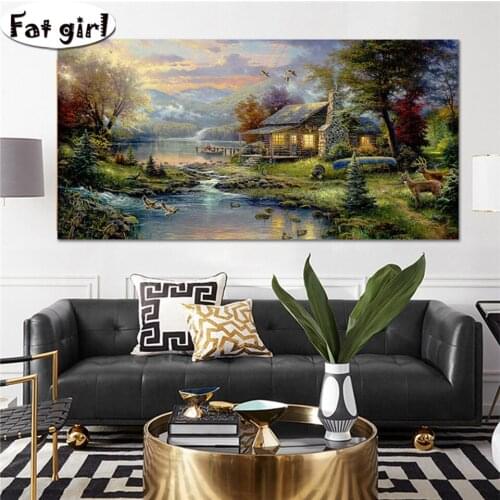 5D Diamond Painting scenic Wooden house 3D Full Round Diamond mosaic Sale tree,beer,lake Picture Rhinestone Diamond Embroidery