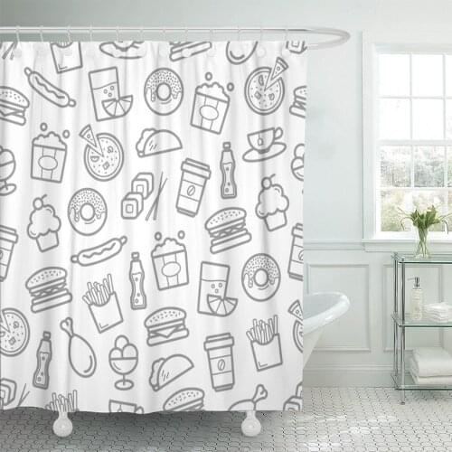 Fast Food of Seafood Snacks and Desserts Burgers Sandwiches Sushi Sashimi Rolls Pizza Hot Dog Chicken Shower Curtain Waterproof