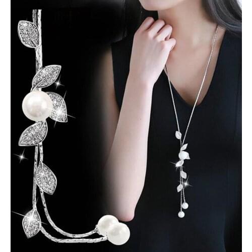 Simulated Pearl Crystal Leaf Necklaces for Women Silver Color Chain Long Necklace Pendant Jewelry Accessories Trendy 2021