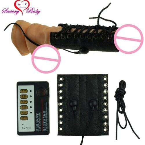 Electro PU Leather Penis Ring Electric Shock Host and Cable electro shock sex toys electro stimulation sex toys TENS adult game