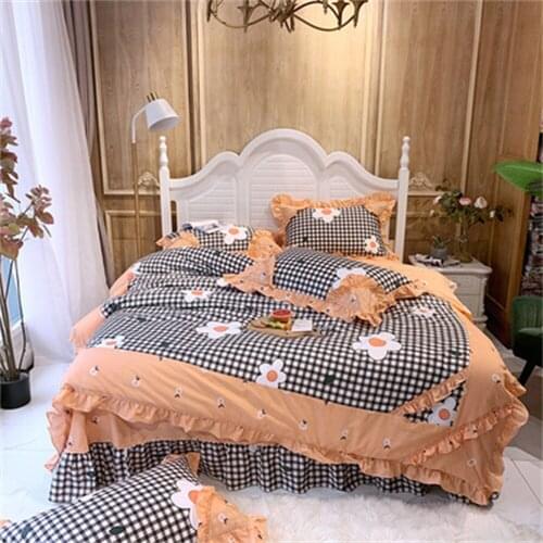 Bedding Set 4piece Set with Cotton Edge Pure Color Simple Four-season Style Korean Princess Style Lotus Leaf Duvet Cover Bedding