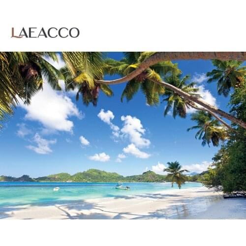 Laeacco Summer Holidays Tropical Palms Tree Blue Sky Cloudy Resort Of Place Island Scenic Photo Background Photo Backdrops