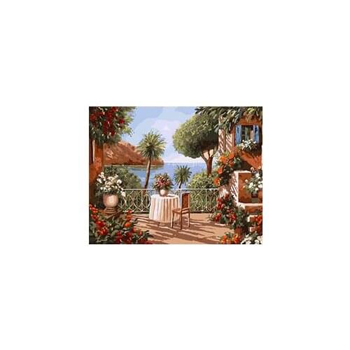 MaHuaf-W177 lakeside garden villa DIY oil Painting By Numbers on canvas hand painted digital wall art picture