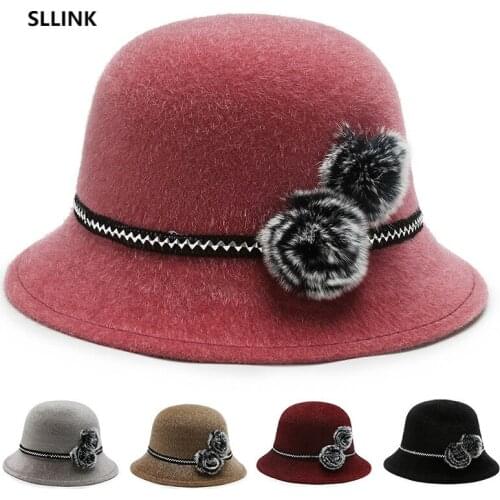 Autumn and Winter New Ladys Flower Bucket Hat Outdoor Grandmas Hat Warm Shopping Sun Hat Leisure Fashion Woolen Top Hat