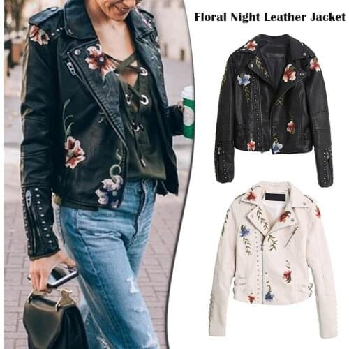 Newly Floral Night Leather Jacket Womens Faux Leather Jackets Casual Short Coat for Spring Fall and Winter