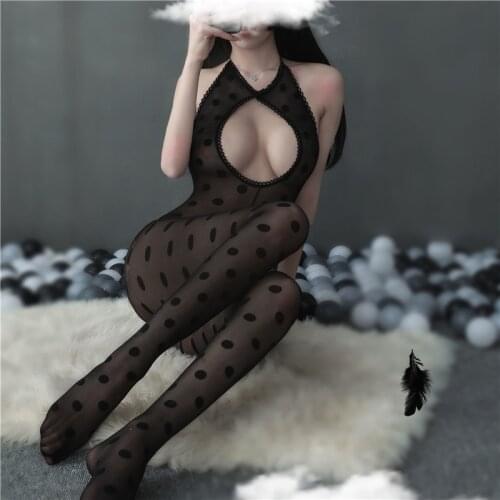 NIKOANA Pajamas Women Sexy Dot Lingerie Porno Open Crotch Hollow Stockings Garter Belt Fishnet Tights Transparent Pantyhose