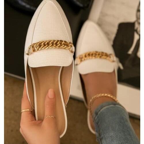 2021 summer women new wild fashion banquet sandals outdoor flip flop metal chain snake grain leather lazy slippers