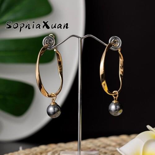 SophiaXuan Hawaiian Geometric Round Dangle Earring Enamel Pearl Gold Plated Alloy Jewelry Hangling Earrings Ornament for Women