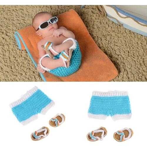 Newborn Baby Crochet Knit Costume Beach Swimsuit Short Shoes 2Pcs Children Handmade Clothing Kids Photo Prop Clothes Accessories