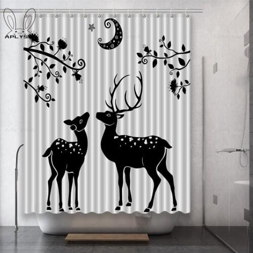 Deer Cartoon Shadow Mysterious Black Polyester Fabric Shower Curtain for Bathroom with Plastic Hooks