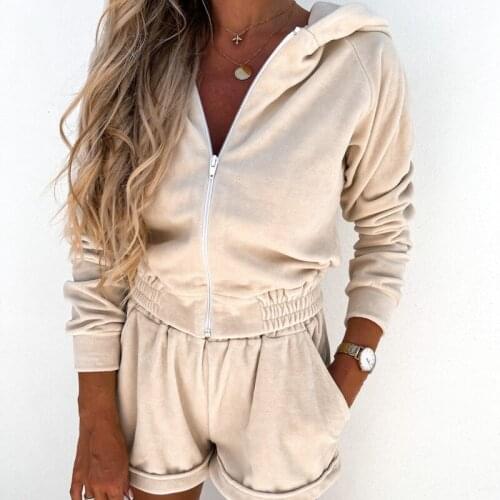 Shorts Sets 2021 Autumn Winter Zip Hoodies Sweatshirt Casual Tracksuits Women Long Sleeve Hooded Pullover and Pocket Shorts Suit