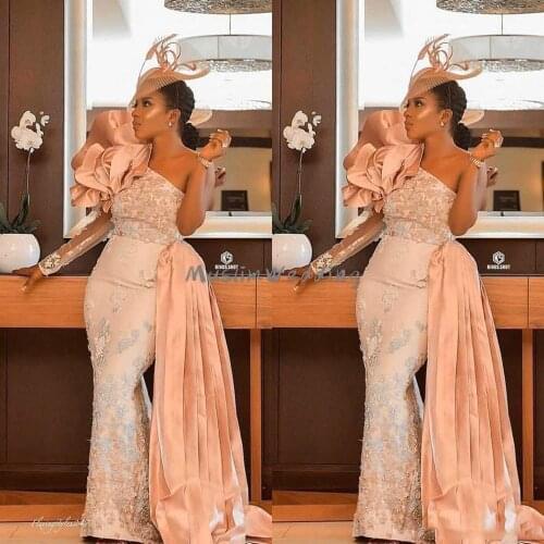2020 Aso Ebi Lace Beaded Mermaid Evening Dresses Long Sleeve One Shoulder African Prom Dress Cheap Formal Party Second Reception