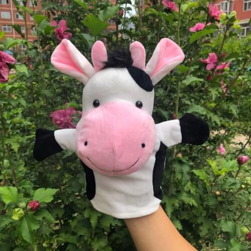 24cm Cartoon Lovely Mini Plush Cow Bull Animal Hand Puppet Dolls Learning Baby Toy Kids Storytelling Marionetes Fantoche Puppets