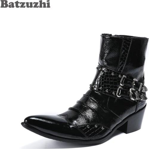 Batzuzhi Western Boots Men Black Genuine Leather Mens Boots Pointed Toe 6.5cm Heels Cowboy Motocycle Boots Male Botas Hombre,U12