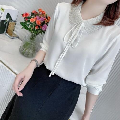 Large womens shirt womens Satin Chiffon shirt thin hand nailed bead baby collar bow fat mm Shirt Top