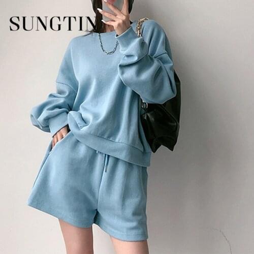 Sungtin 2 Piece Set Sweatshirts Drawstring Shorts Women Elastic High Waist Shorts Casual Pullover Tops Suits Sportswear Outfits