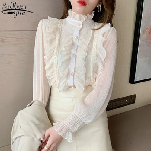 Korean Ruffle Lace Chiffon Shirt Elegant Sweet Chic Long Puff Sleeve Women Blouse Apricot Tops Stand Collar Clothes Blusas 13433