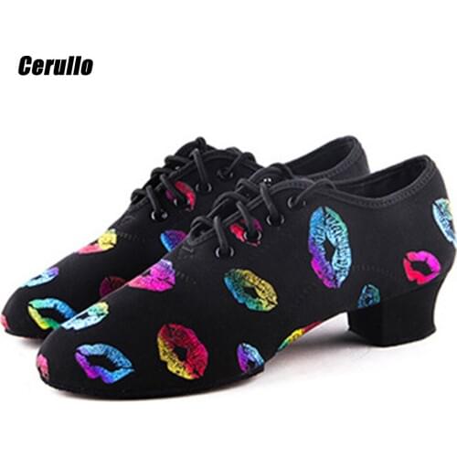 Colorful lip prints new adult soft bottom Latin dance practice shoes fashion professional stage dance shoes women A314