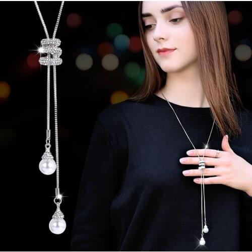 LWMMD Simulated Pearl Crystal Long Sweater Chain Necklace Vintage Accessary Crystal Collares Mujer Statement Necklace