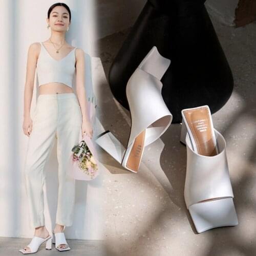 Slightly Curved Square Toe Mules Slippers Womens 2021 Big Block High Heel 8CM Open Slip On Casual Outdoor Dress Shoes Summer