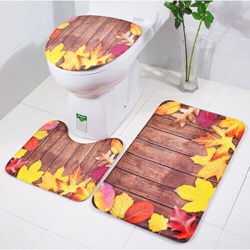 The Map Wooden Pattern Board Striped Printed Bathroom Mat Set Three-piece Flannel Floor Mat Anti-slip Mat