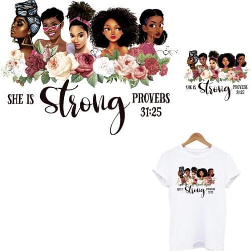 She Is Stroger Power Black Girl Patches For Clothing DIY Washable Iron On Heat Transfer Sticker On Clothes African Girl Applique