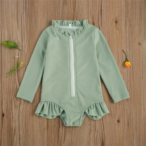 1-5T Baby Girls Swimwear Front Zipper Long Sleeve Ruffles Toddler Kids Summer Solid Color Swimsuit Bodysuits Swimming Suit